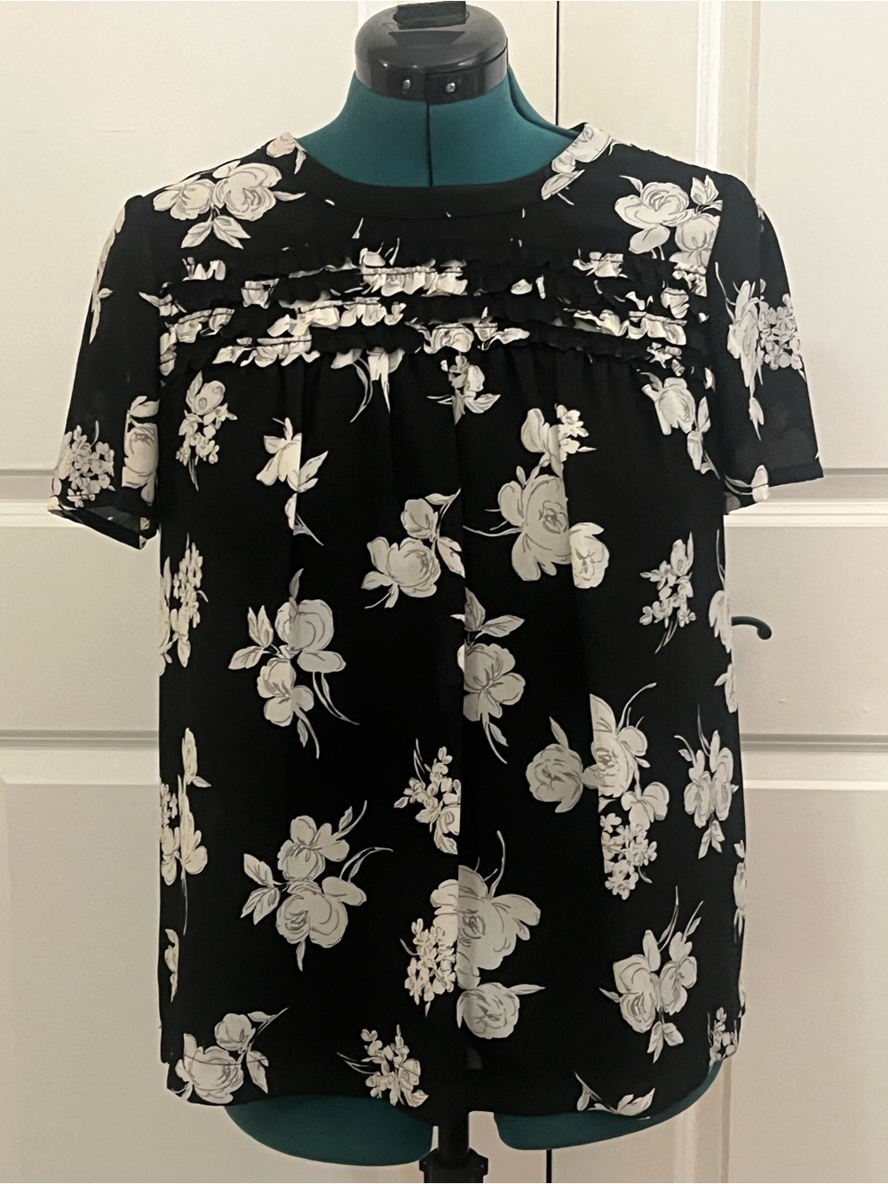 Elle Black Blouse with White Floral Print and Ruffle Yoke